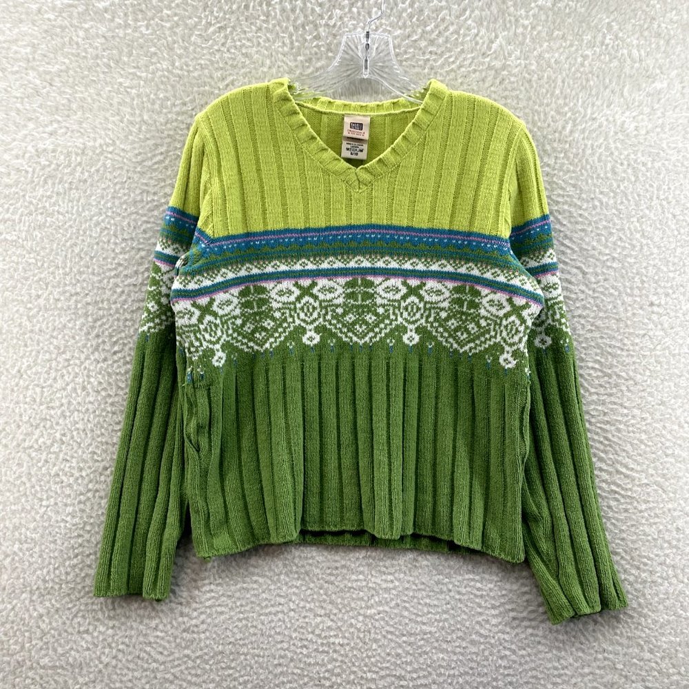 Y2K 2000s Faded Glory Green Fair Isle Icelandic Chenille Knit Sweater M Medium - Picture 1 of 7